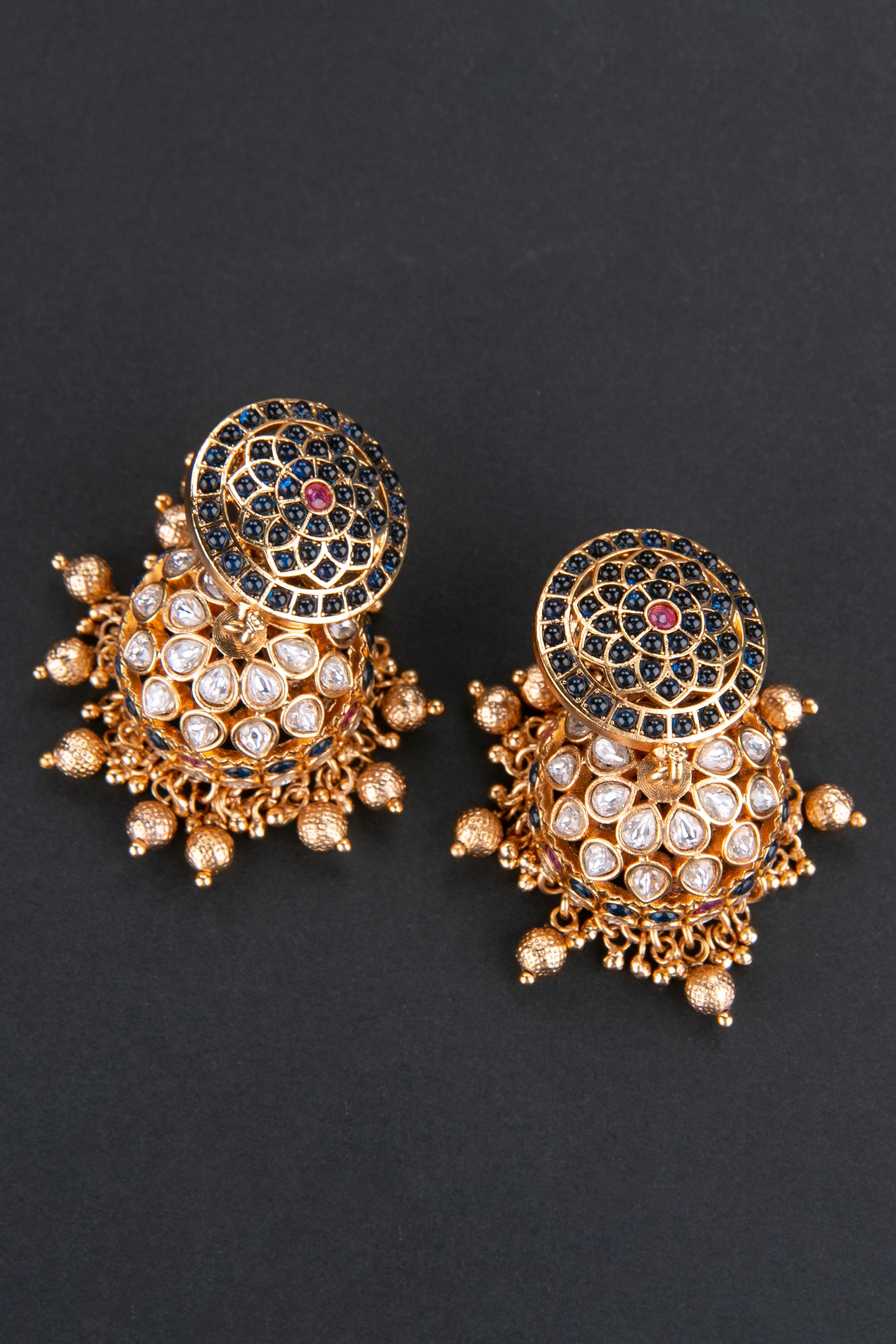 Jhumkas - Sapphire blue and white uncut