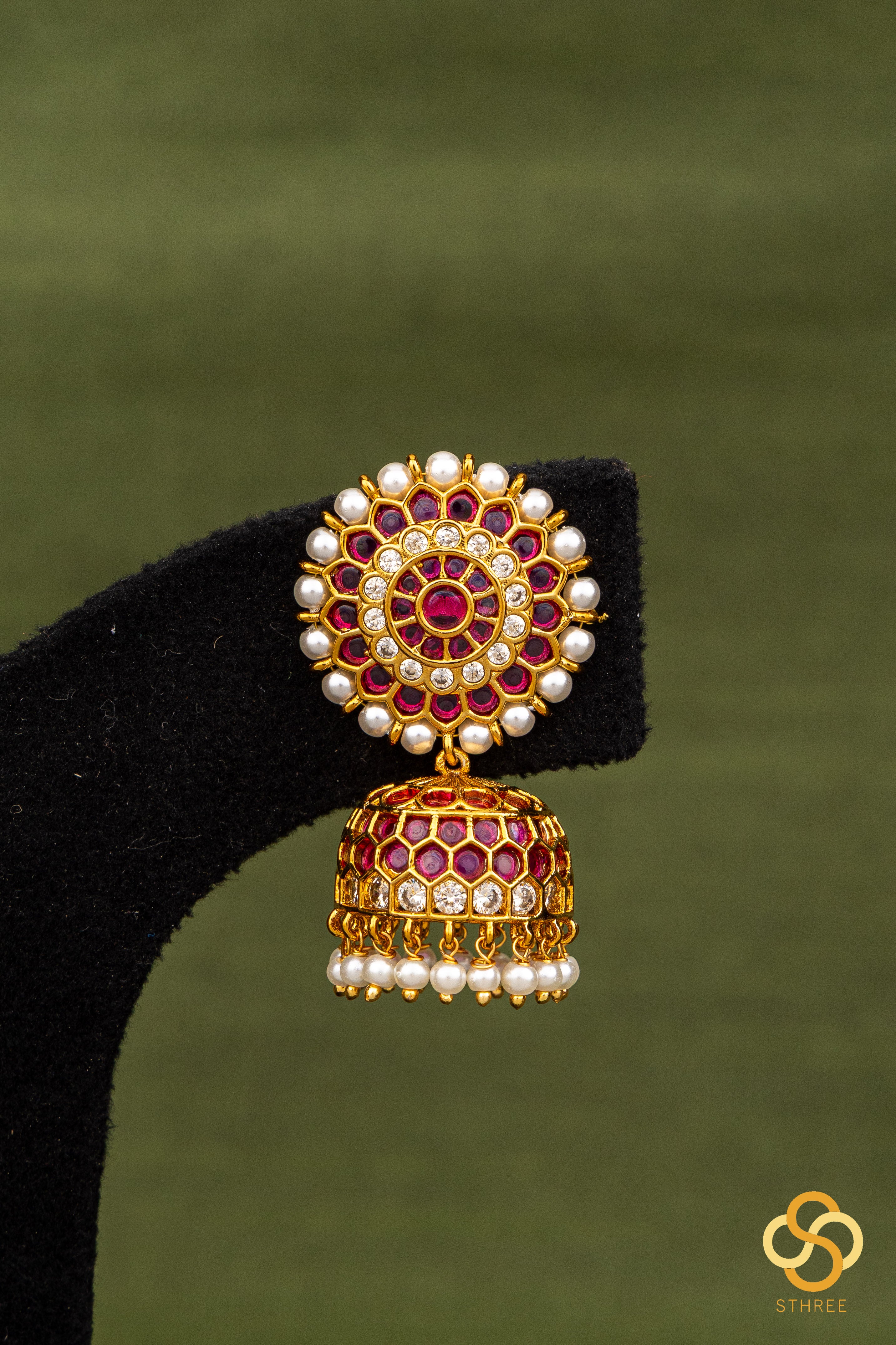 Ruby red with pearl jhumkas