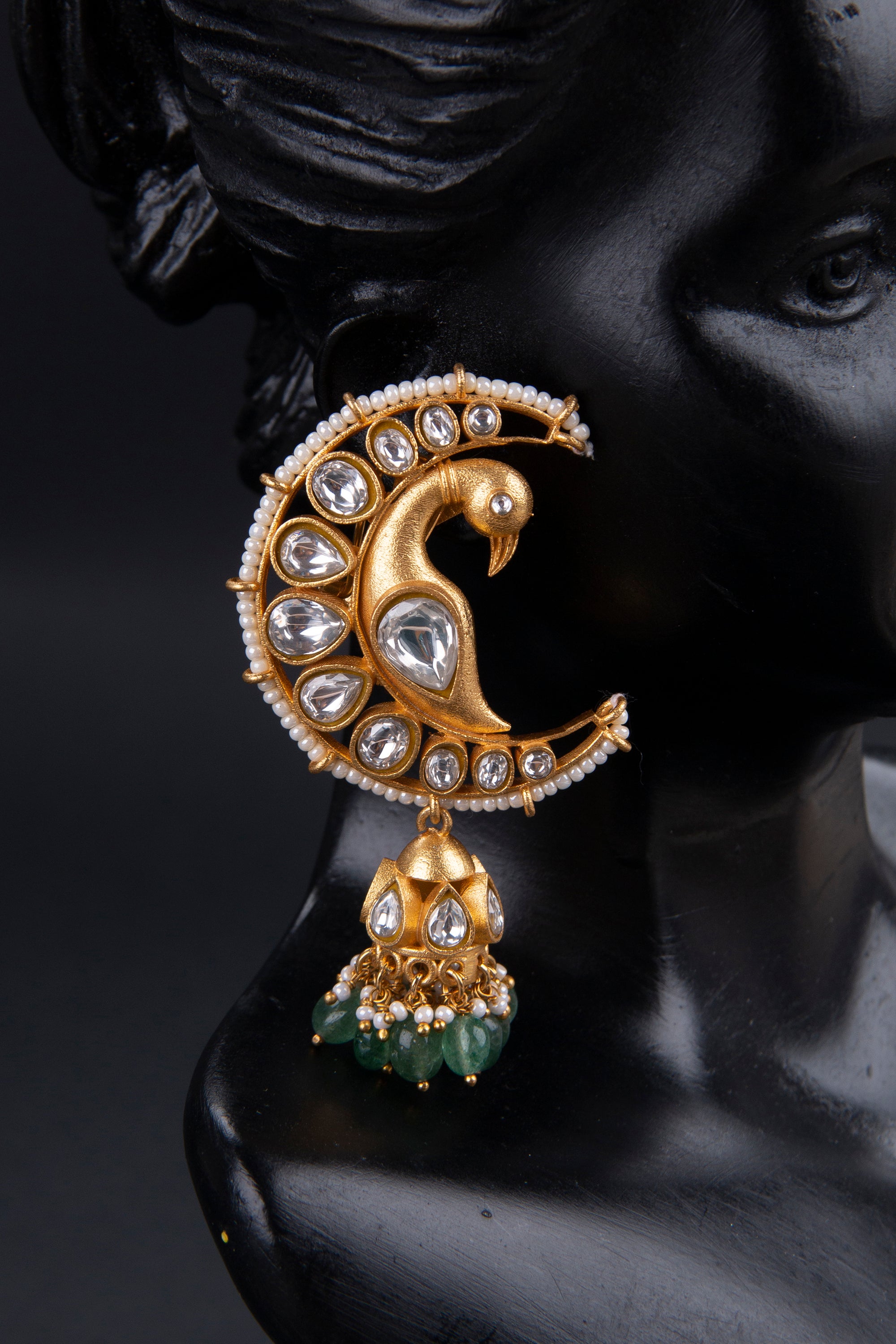 Half moon shape - Peacock jadau kundan jhumkas, white