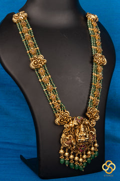 Lakshmi Haram  - Antique Finish Gold with Green Beads