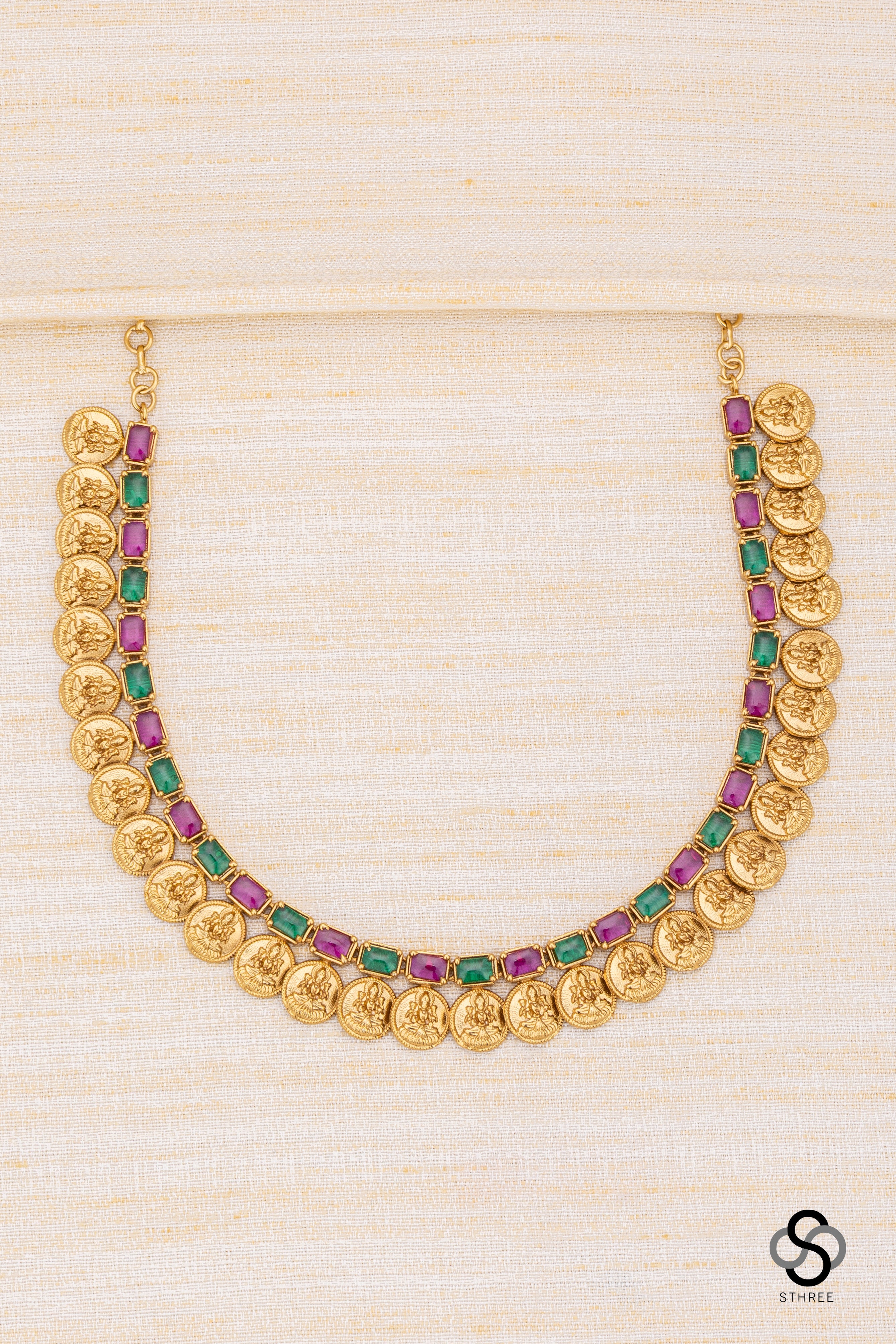 Lakshmi coins with rectangular stone - Ruby red and Emerald green