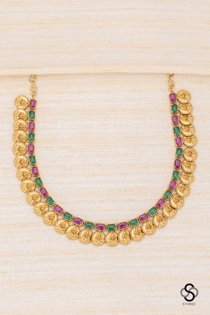 Lakshmi coins with rectangular stone - Ruby red and Emerald green