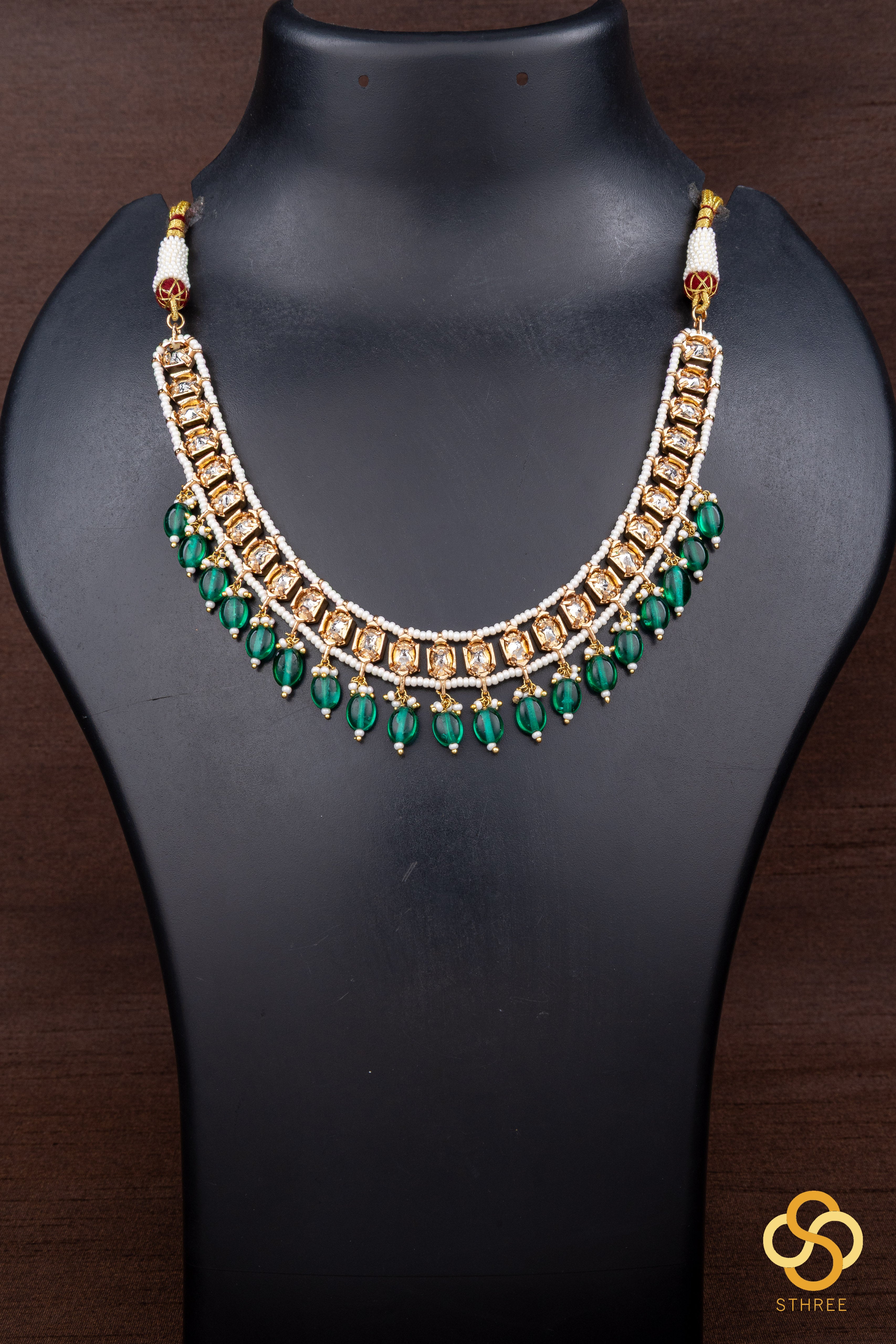 Kundan with pearls and green beads hangings