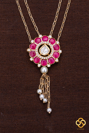 Layered Kundan necklace - Ruby red with pearls