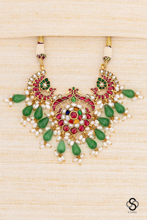 Double Peacock Pendent with Green Beads Choker - Navarathna