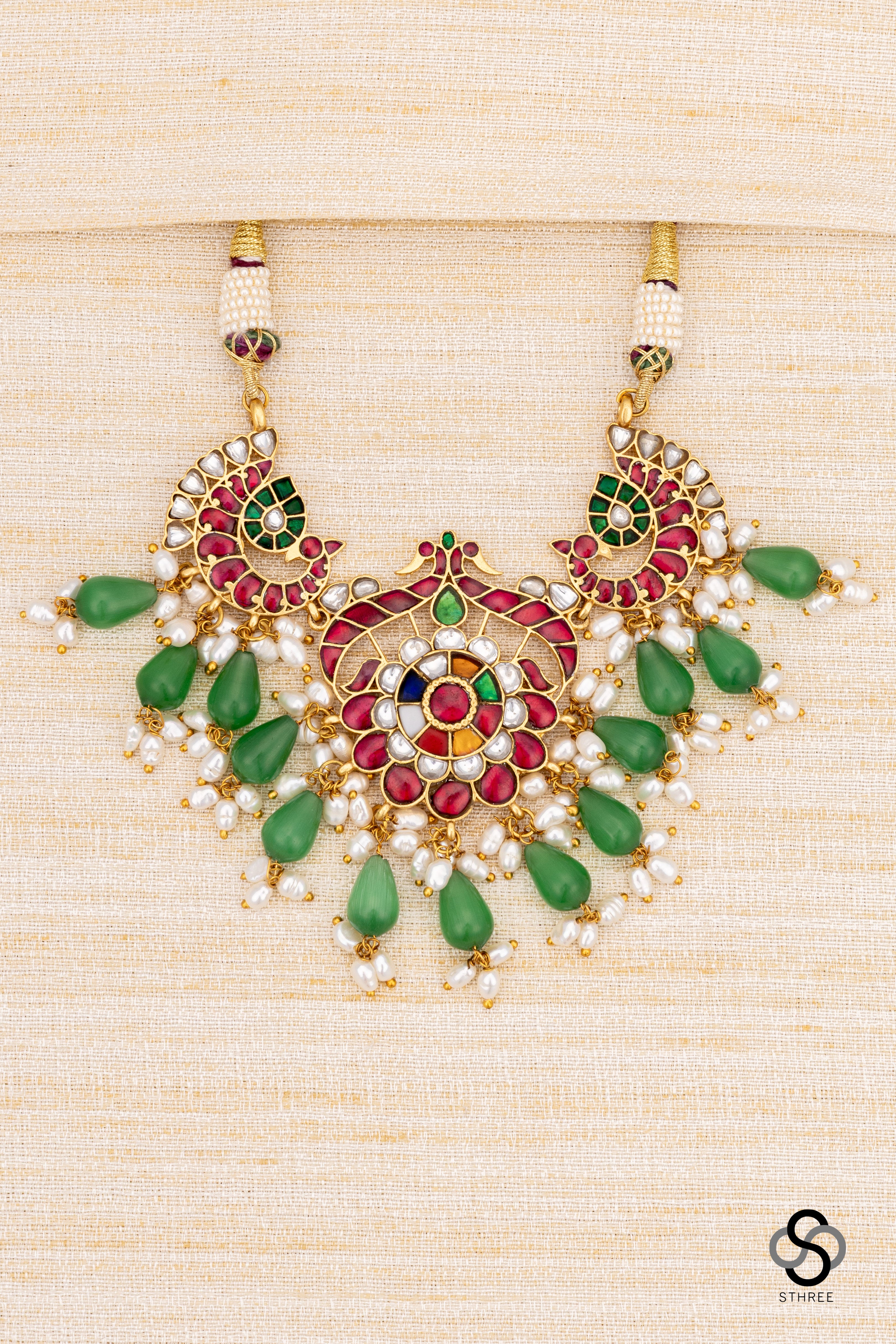 Double Peacock Pendent with Green Beads Choker - Navarathna