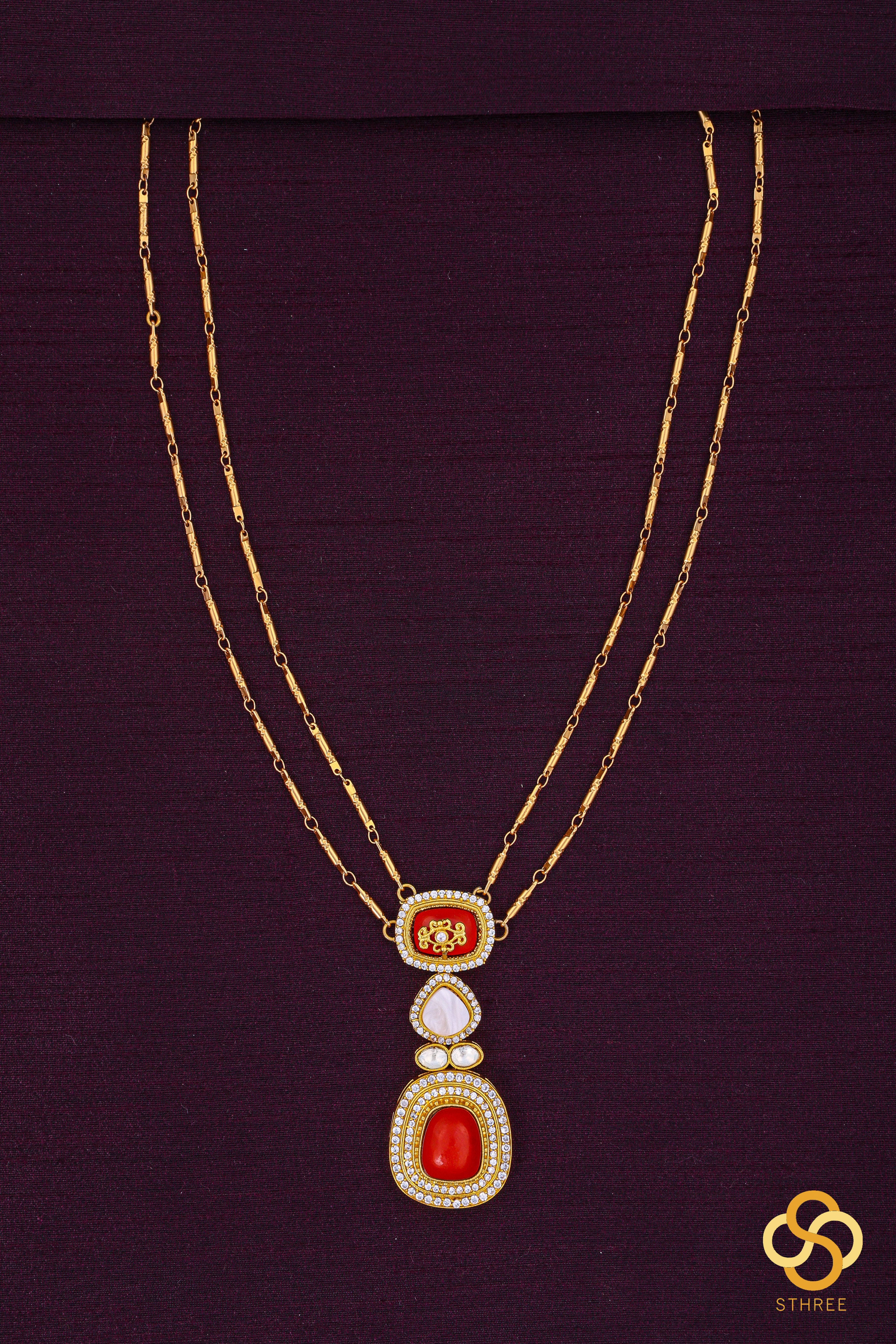 Layered Kundan Necklace - Coral with White