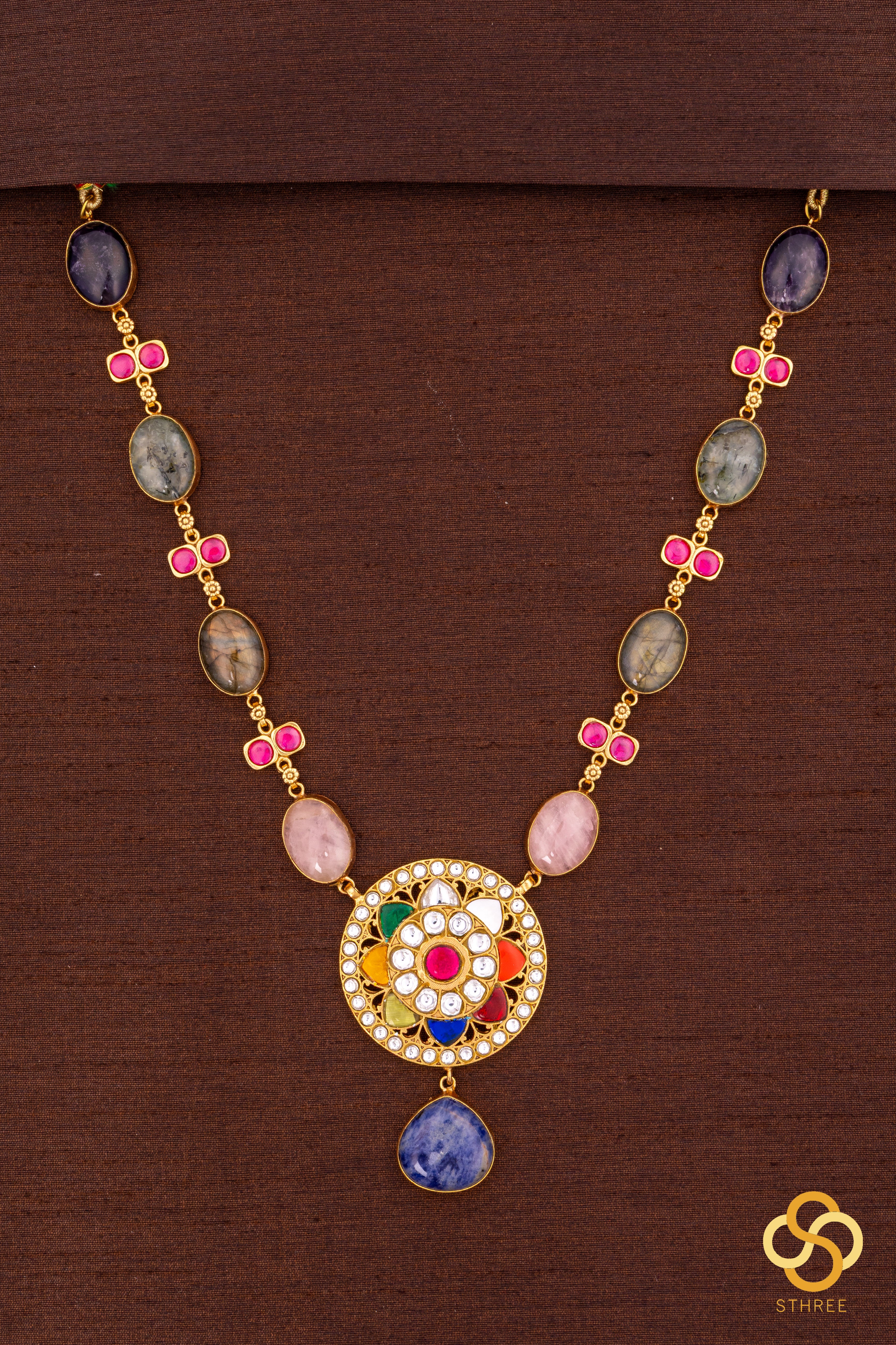 Multi colour cabachon necklace set with Navarathna pendant