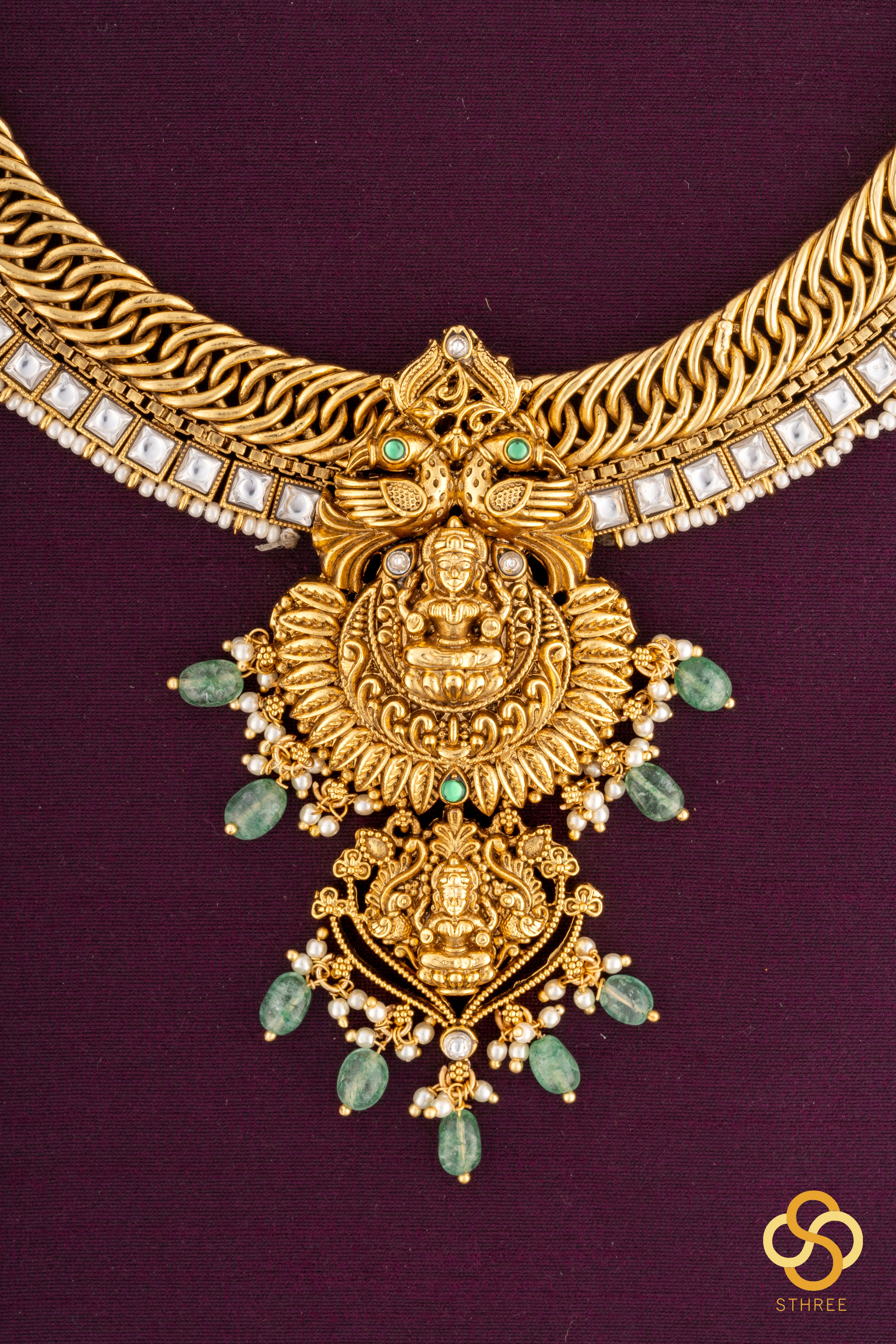 Gold with Square Kundan Necklace Set - Long