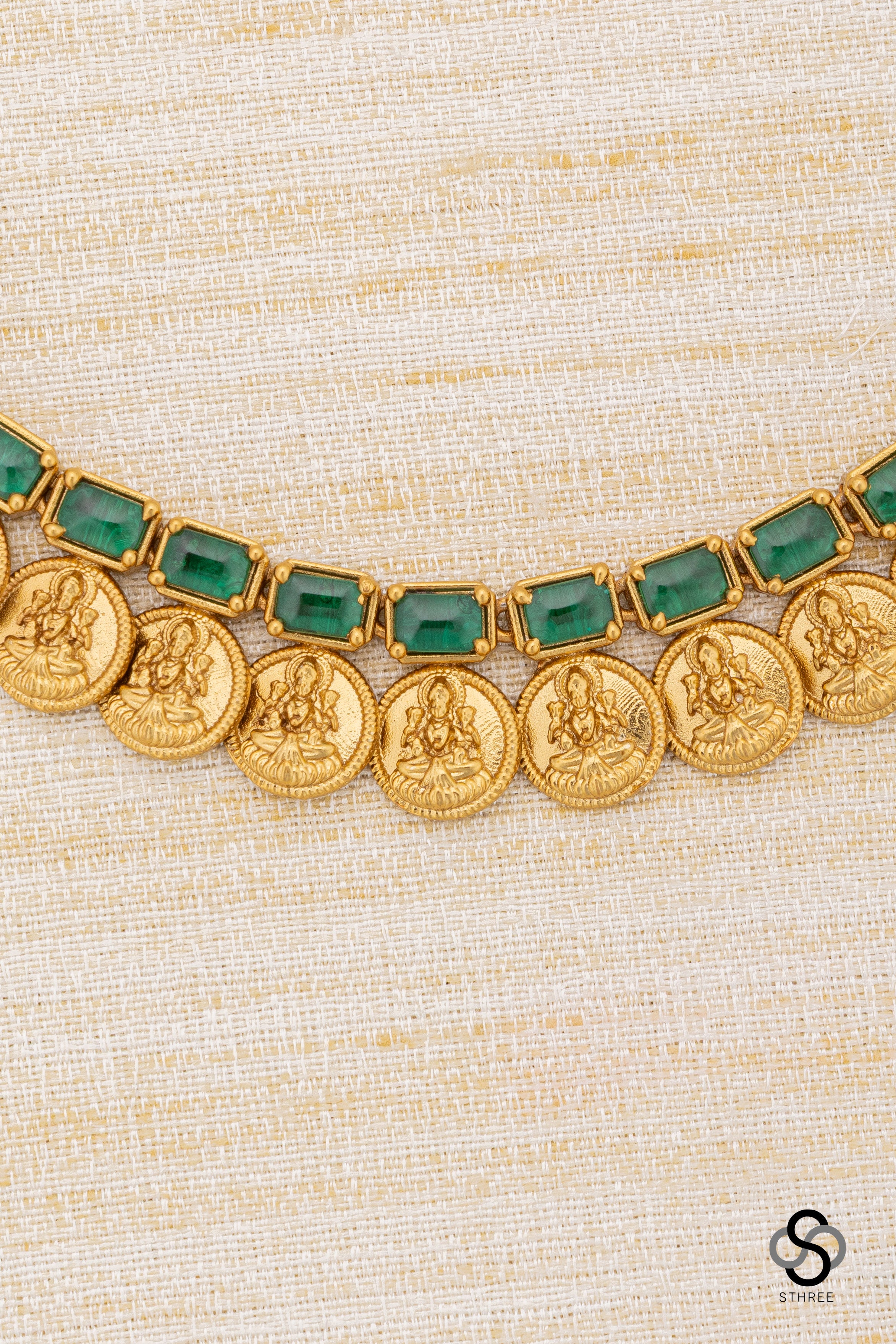 Lakshmi coins with rectangular stone - Emerald green
