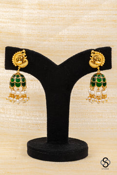 Mayil Jhumkas - Emerald green with Pearls