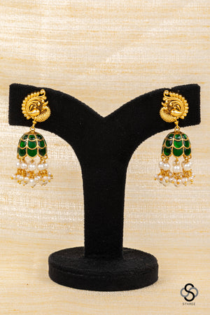 Mayil Jhumkas - Emerald green with Pearls