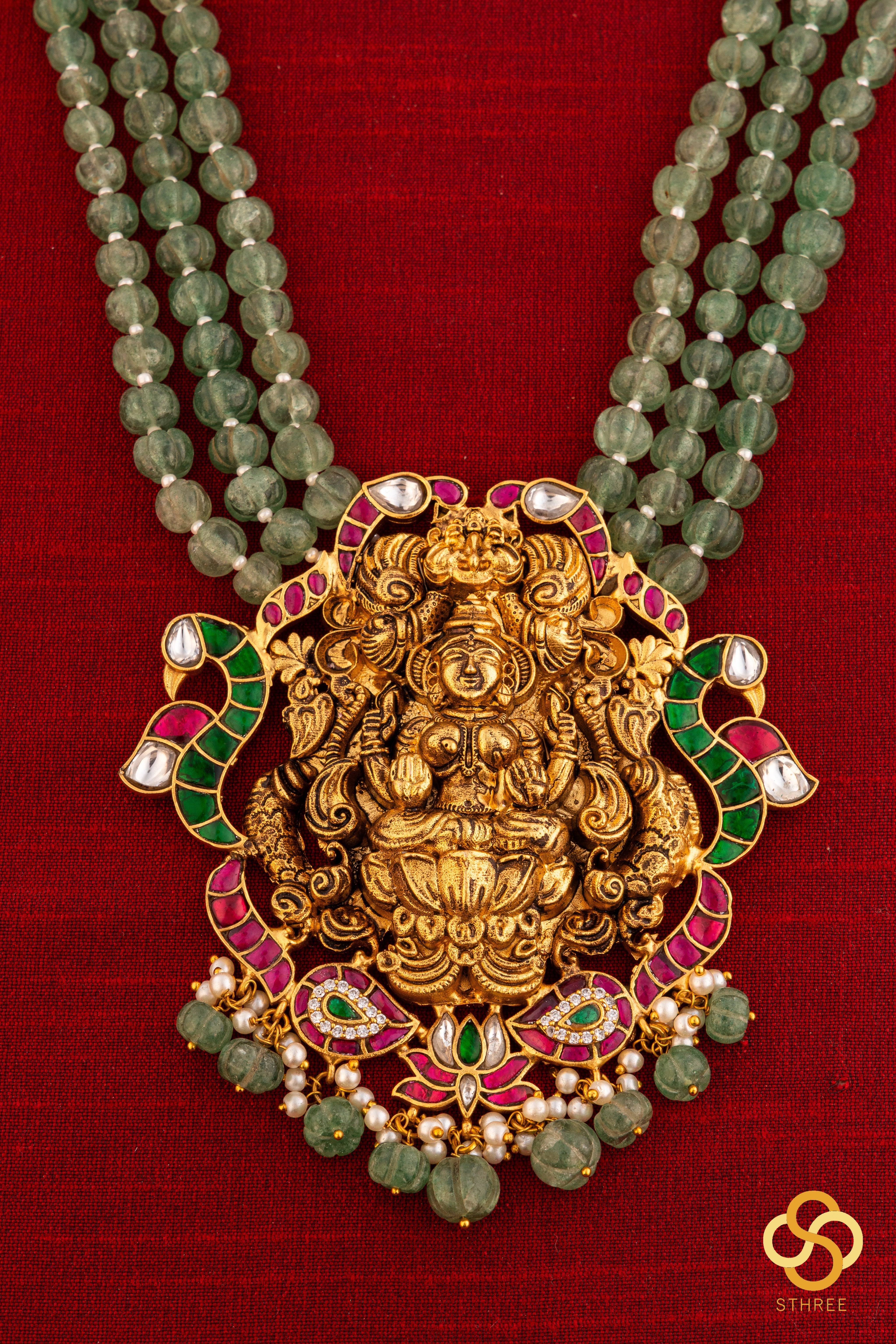 Lakshmi haram with three line green beads