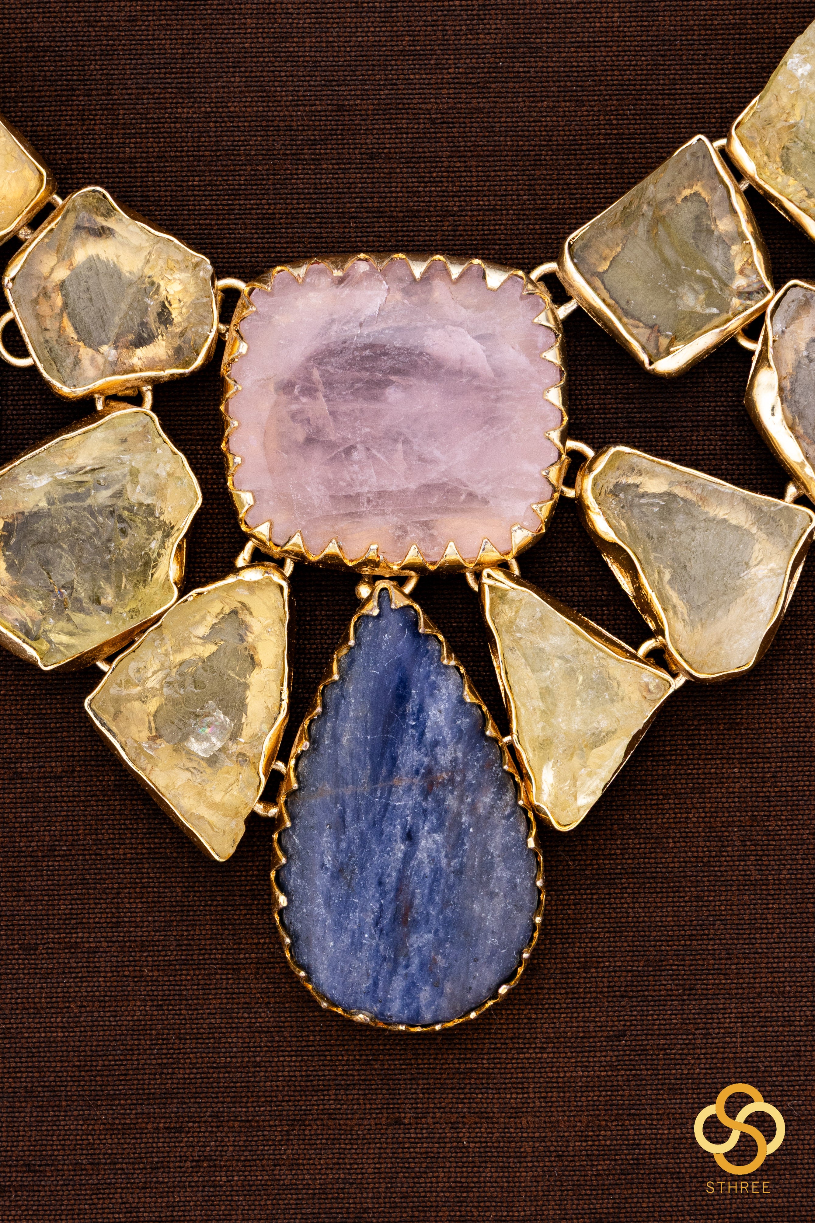 Druzy Raw stone necklace - Citrine yellow with pink and blue