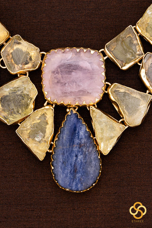 Druzy Raw stone necklace - Citrine yellow with pink and blue