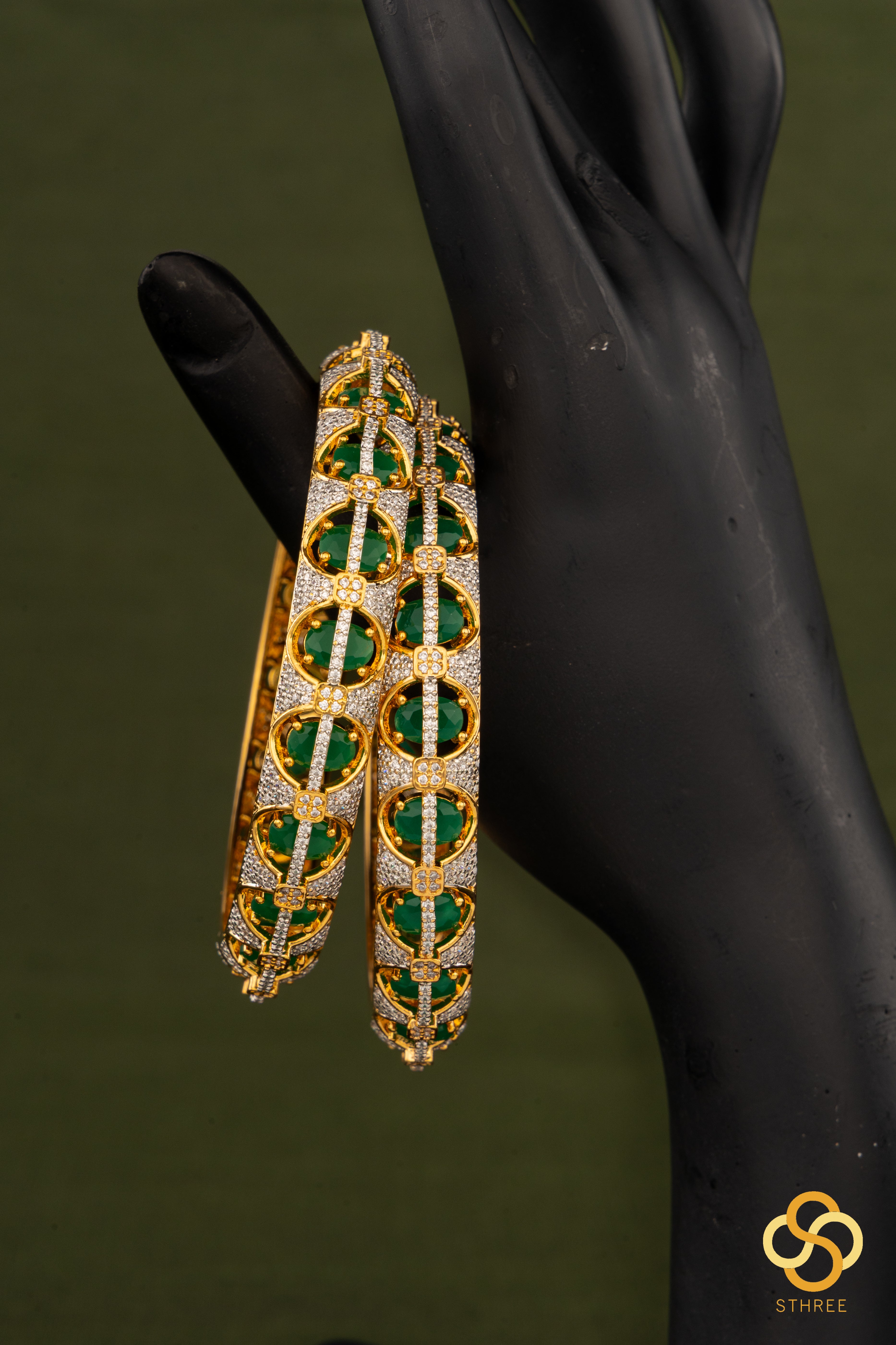 Emerald green and white zircons -  diamond pattern bangles