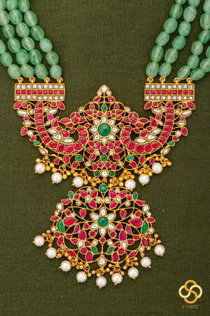 Makarakanthi Pendant in Four Lines Light Green Beads