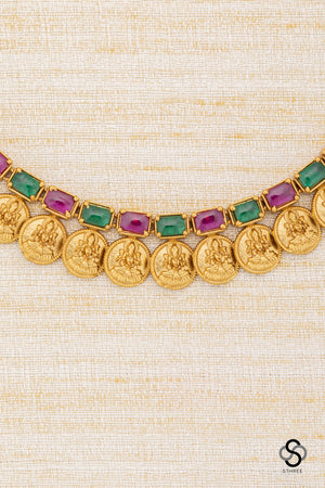 Lakshmi coins with rectangular stone - Ruby red and Emerald green