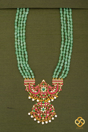Makarakanthi Pendant in Four Lines Light Green Beads