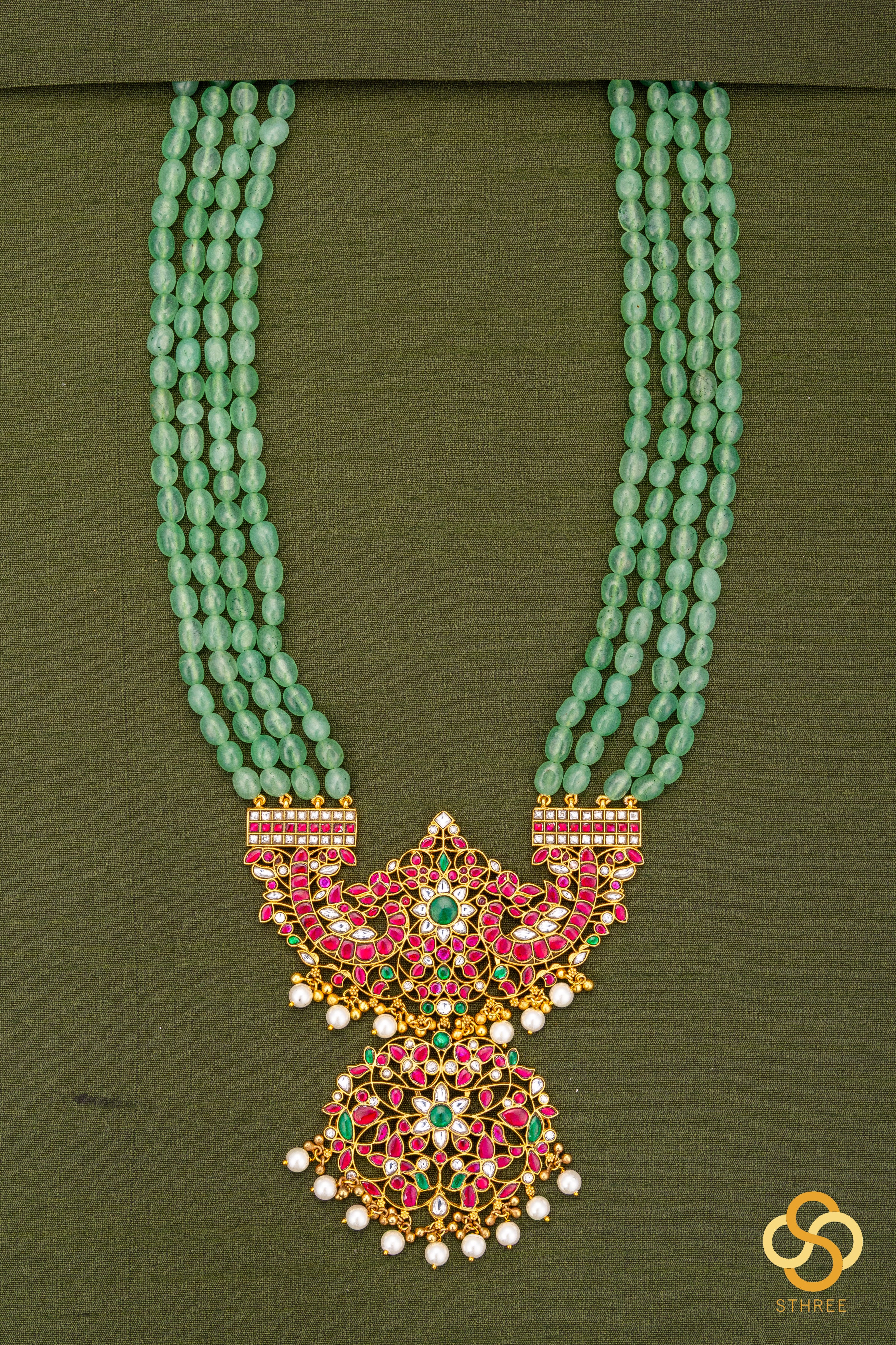 Makarakanthi Pendant in Four Lines Light Green Beads