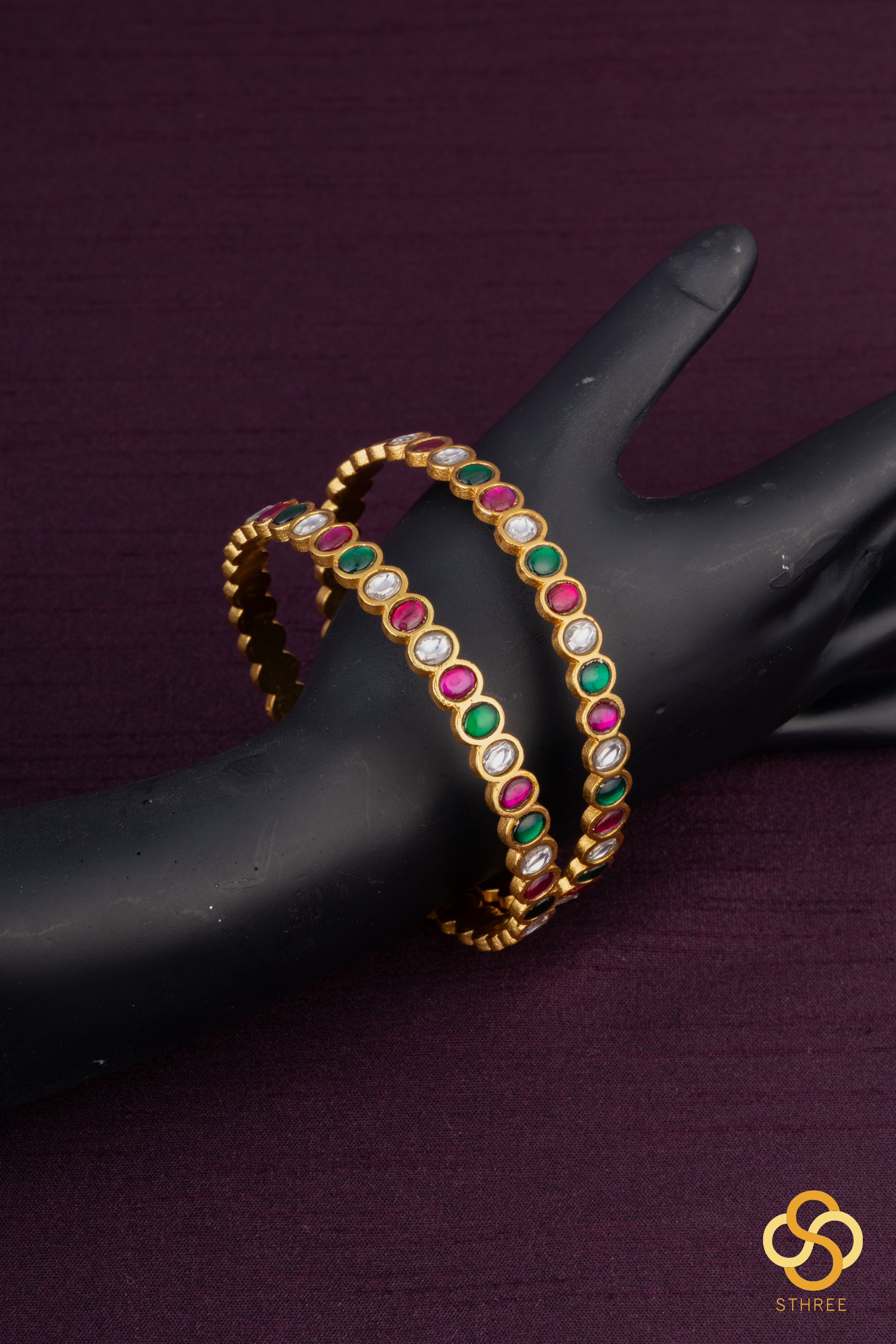 Jadau Kundan bangles - Red, Green and white