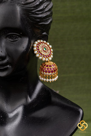 Ruby red and pearl jhumkas