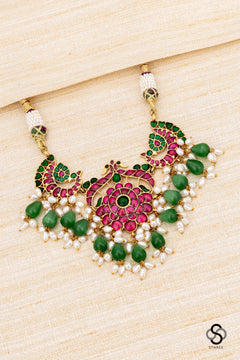Double Peacock Pendent with Green Beads Choker  - Ruby Red