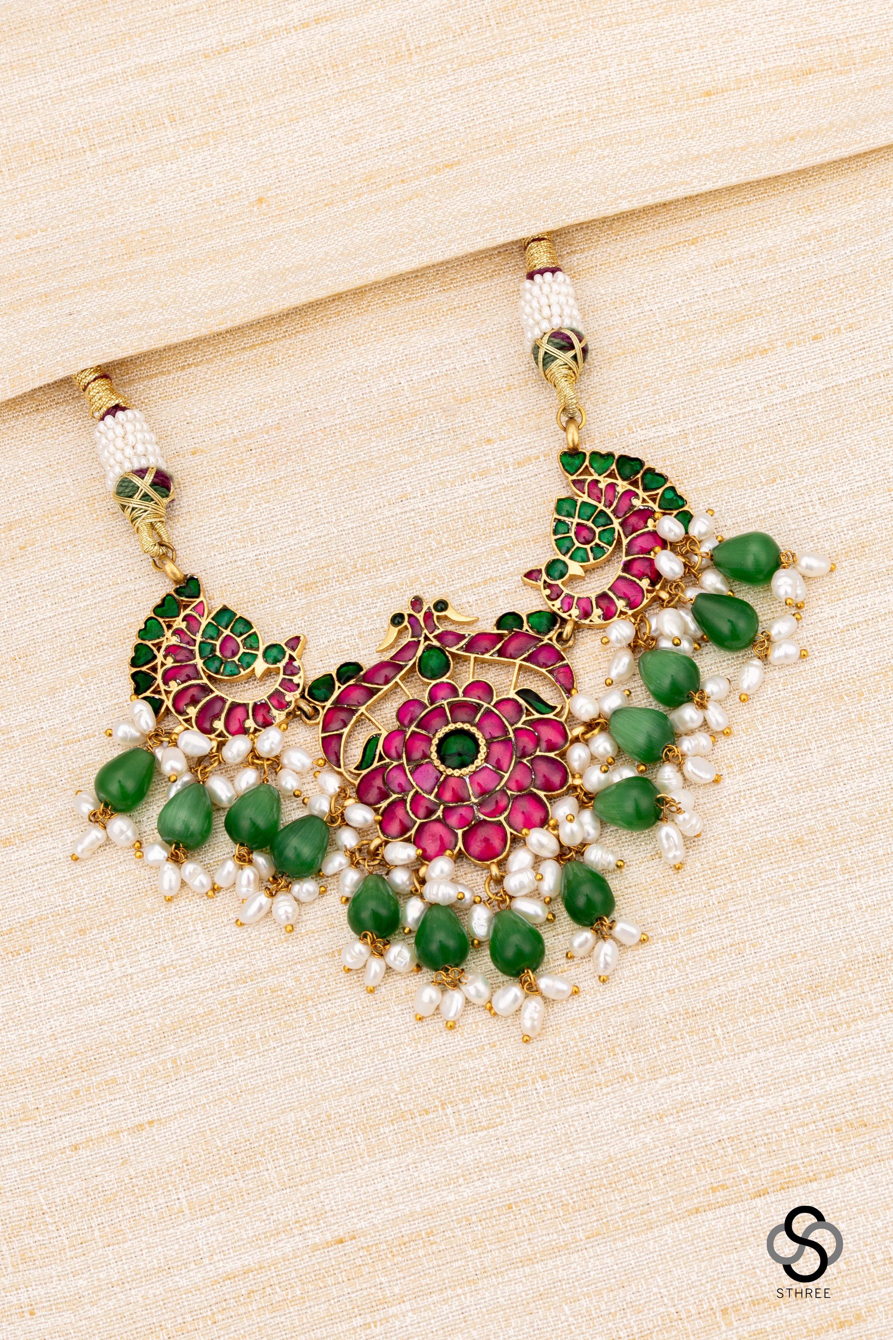 Double Peacock Pendent with Green Beads Choker  - Ruby Red