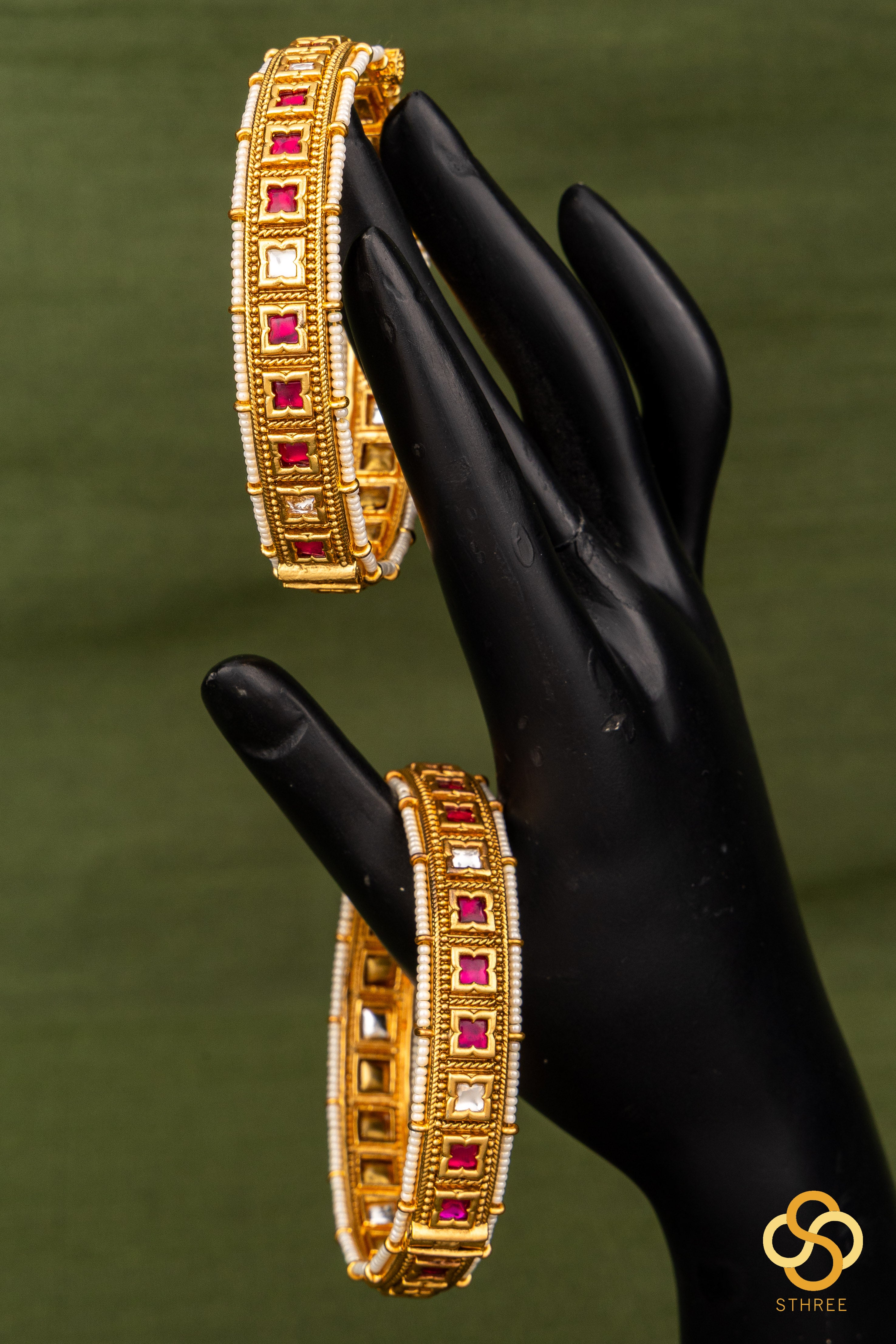 Ruby red with pearls kada  (openable pattern) - Set of 2