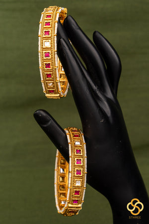 Ruby red with pearls kada  (openable pattern) - Set of 2