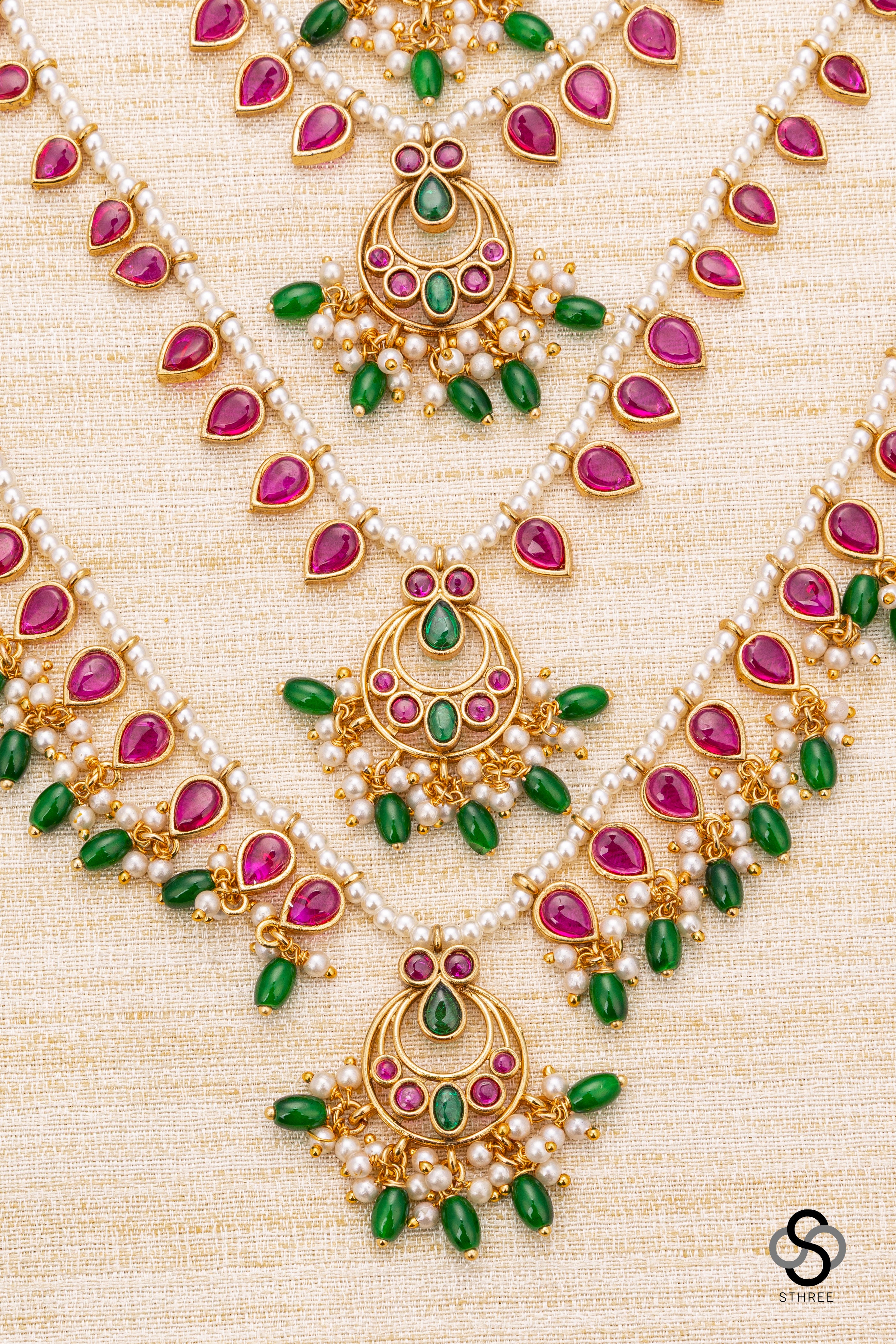 Panch lada - Ruby red kundan with pearls