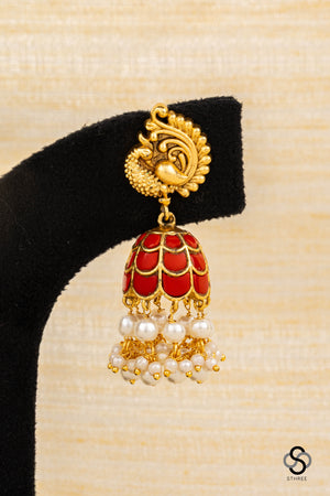 Mayil Jhumkas - Coral with Pearls