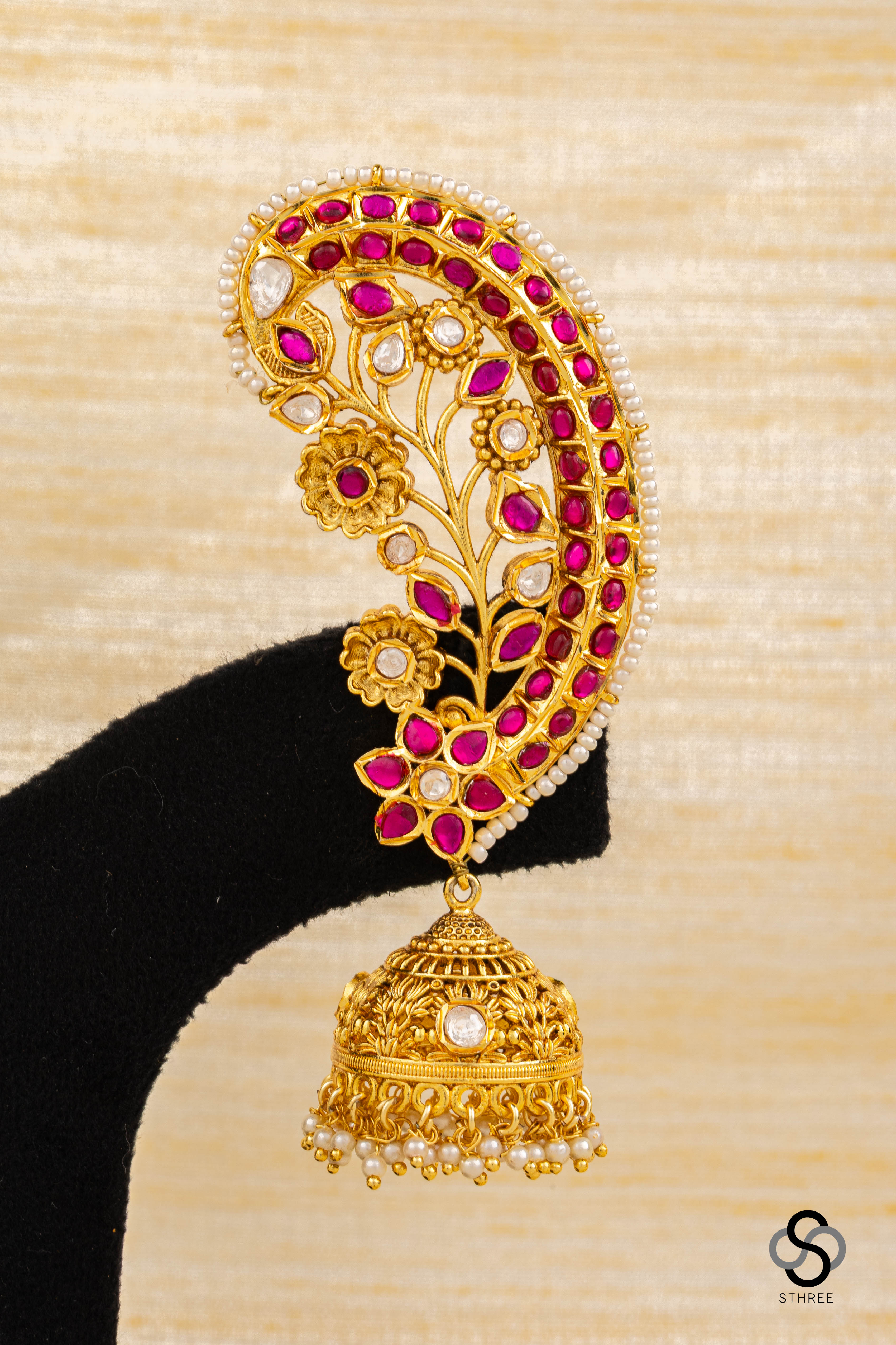 Ruby red earcuff jhumkas