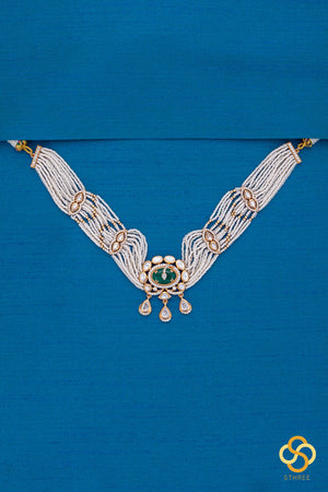 Pearl Choker in Jadau Kundan Pendant - Emerald Green