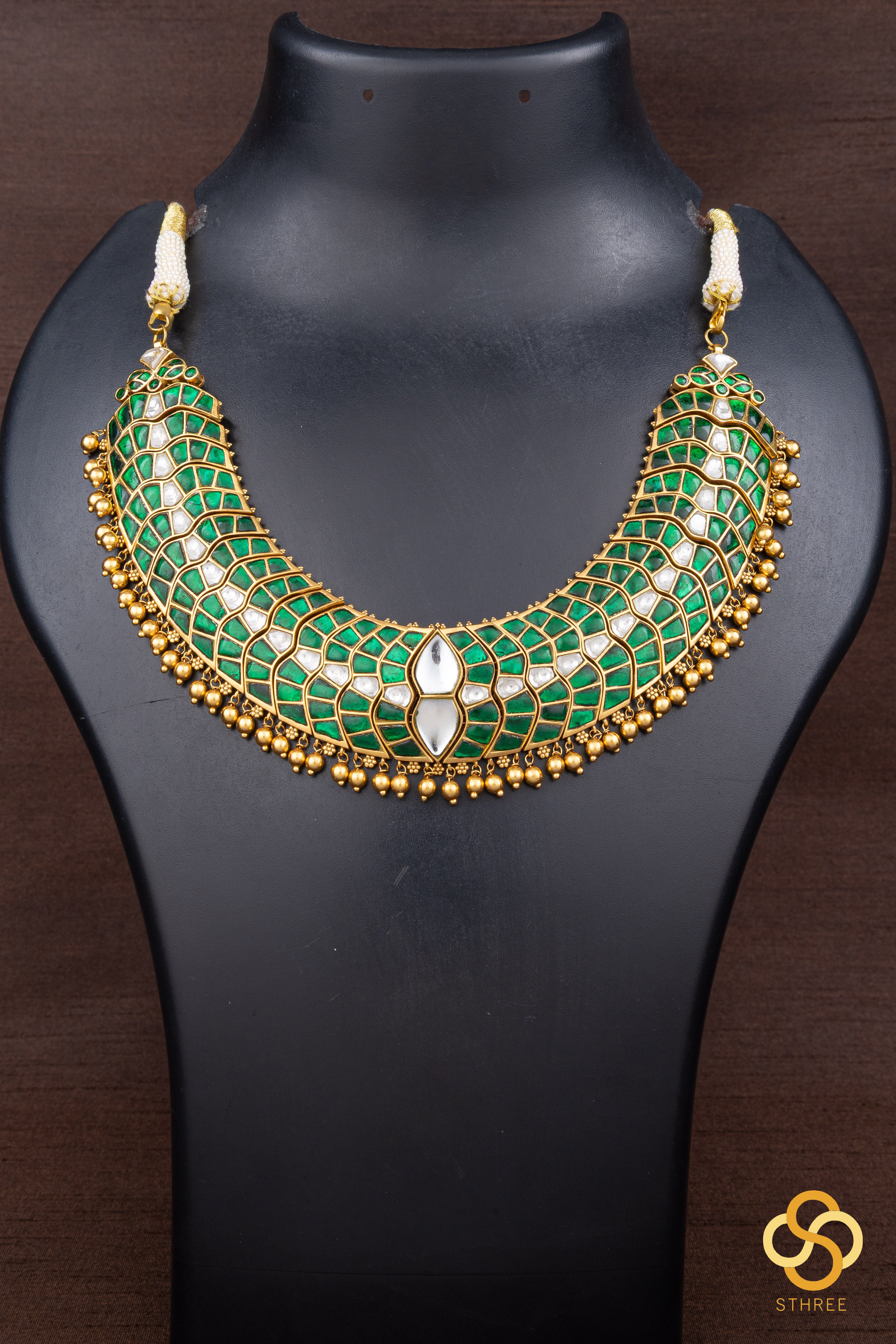 Emerald green with gold balls  - Jadau kundan