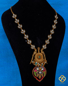 Jadau Kundan Necklace - Handmade Parrot Pendant in Red Onyx