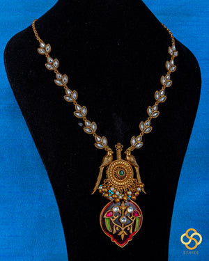 Jadau kundan necklace - Handmade parrot pendant in red onyx