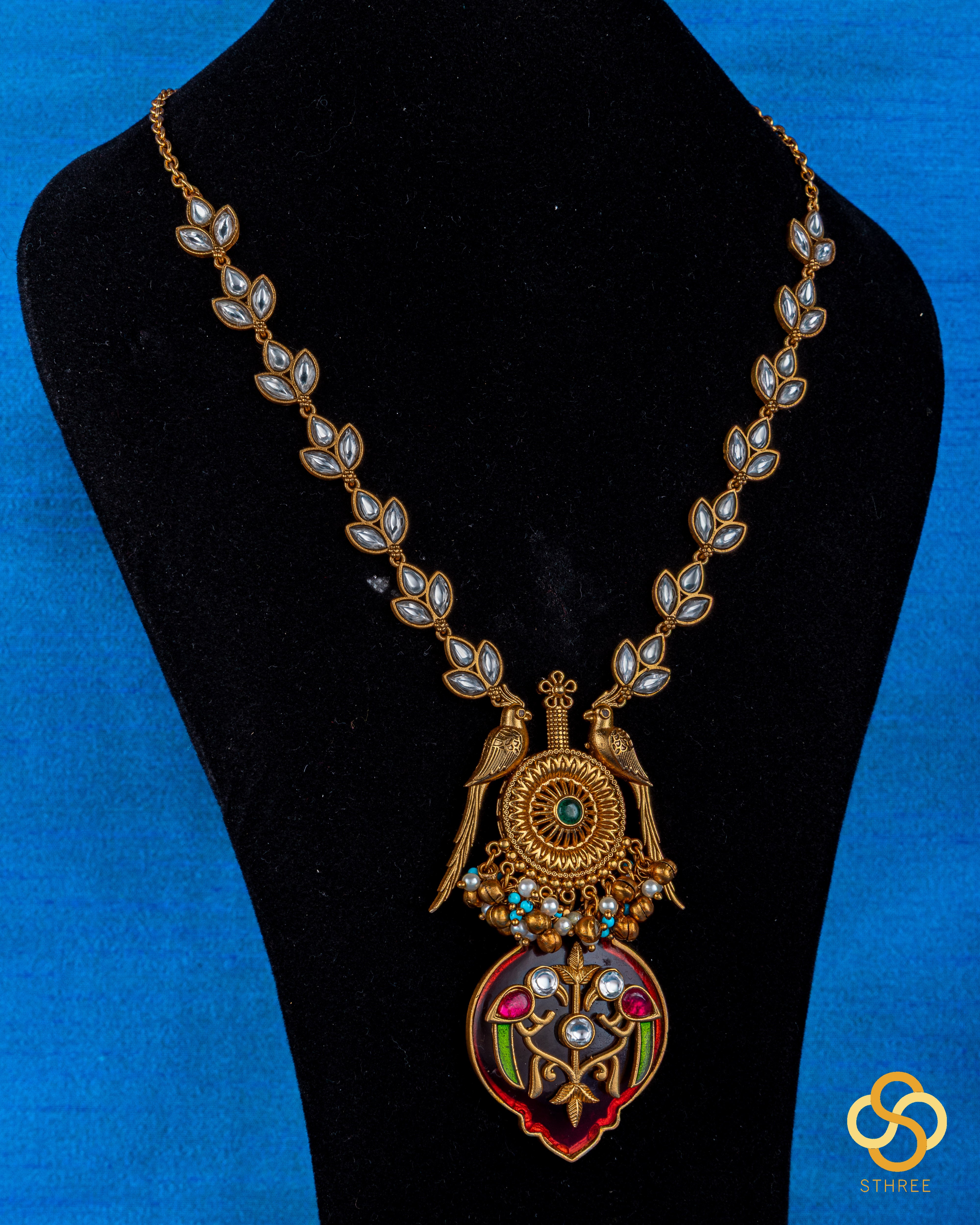 Jadau kundan necklace - Handmade parrot pendant in red onyx