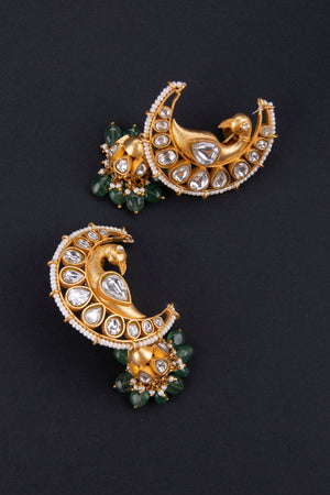 Half moon shape - Peacock jadau kundan jhumkas, white