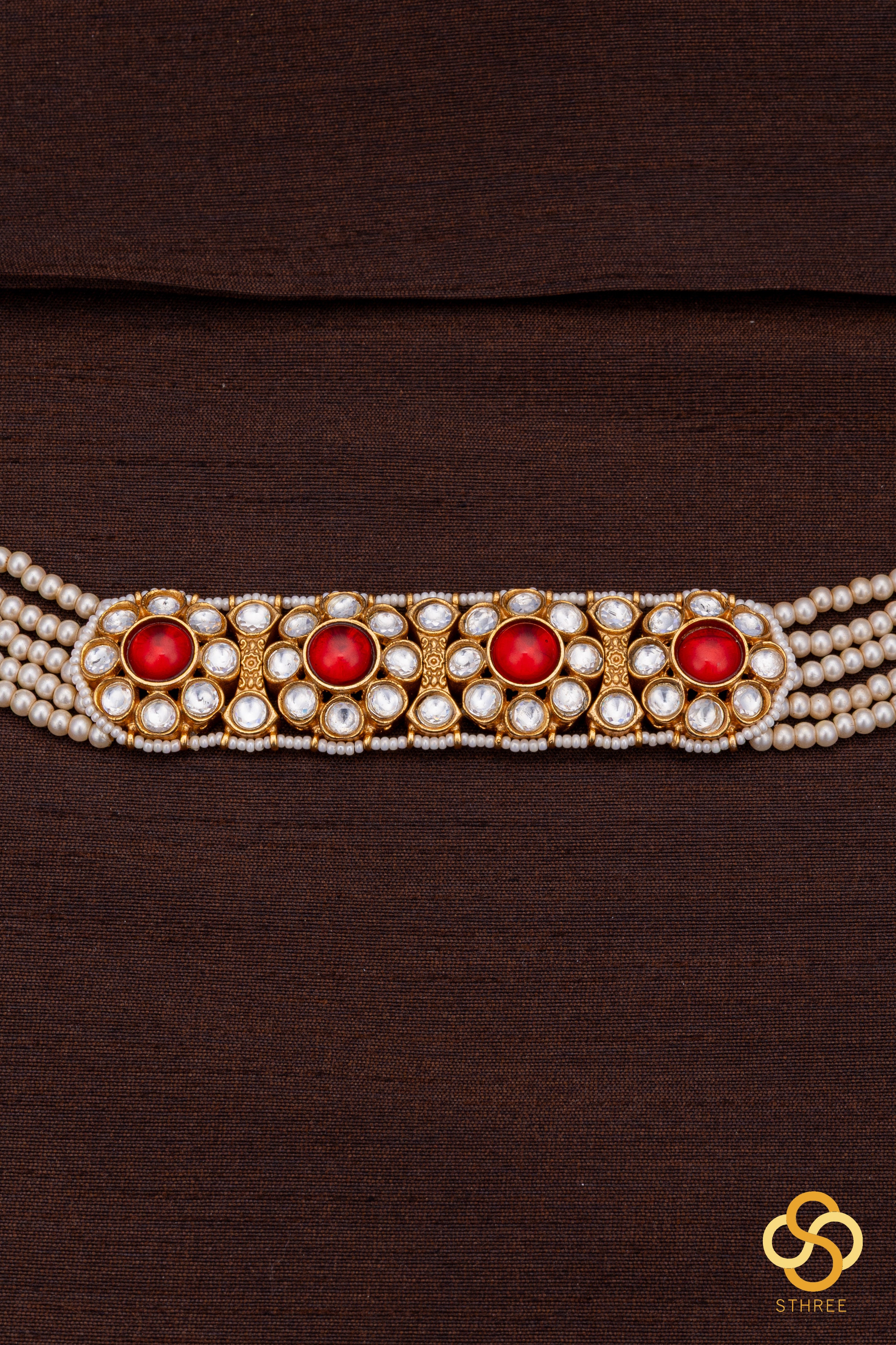 Pearl Choker in Jadau kundan pendant - ruby red