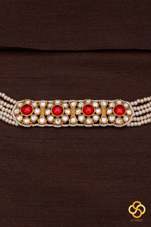 Pearl Choker in Jadau kundan pendant - ruby red