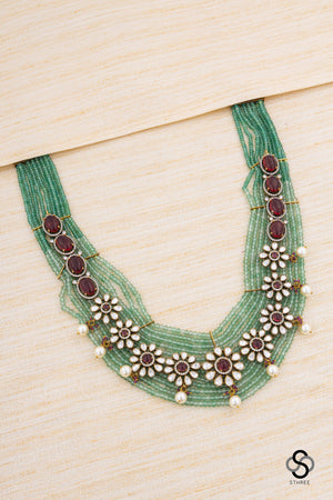Zircon and Flower haram - Antique finish gold with green beads