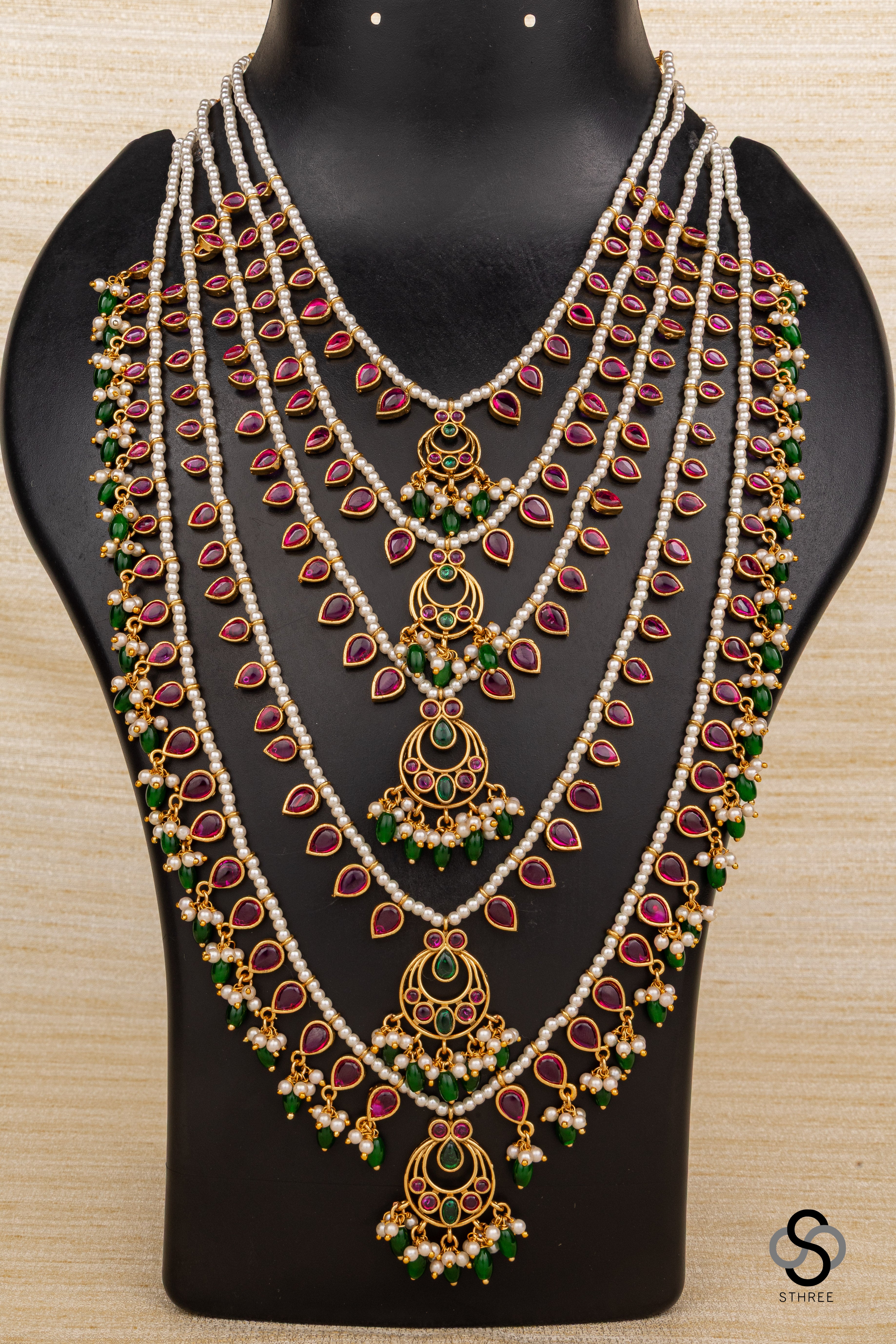 Panch lada - Ruby red kundan with pearls