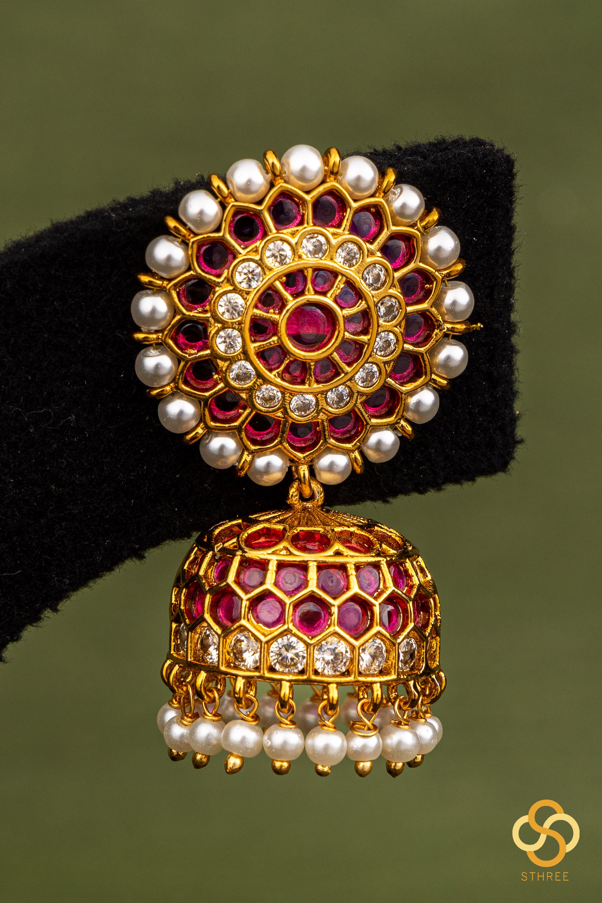 Ruby red with pearl jhumkas