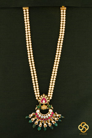 Two-liner pearls with a chandbali pendant -  Ruby red and  Emerald green