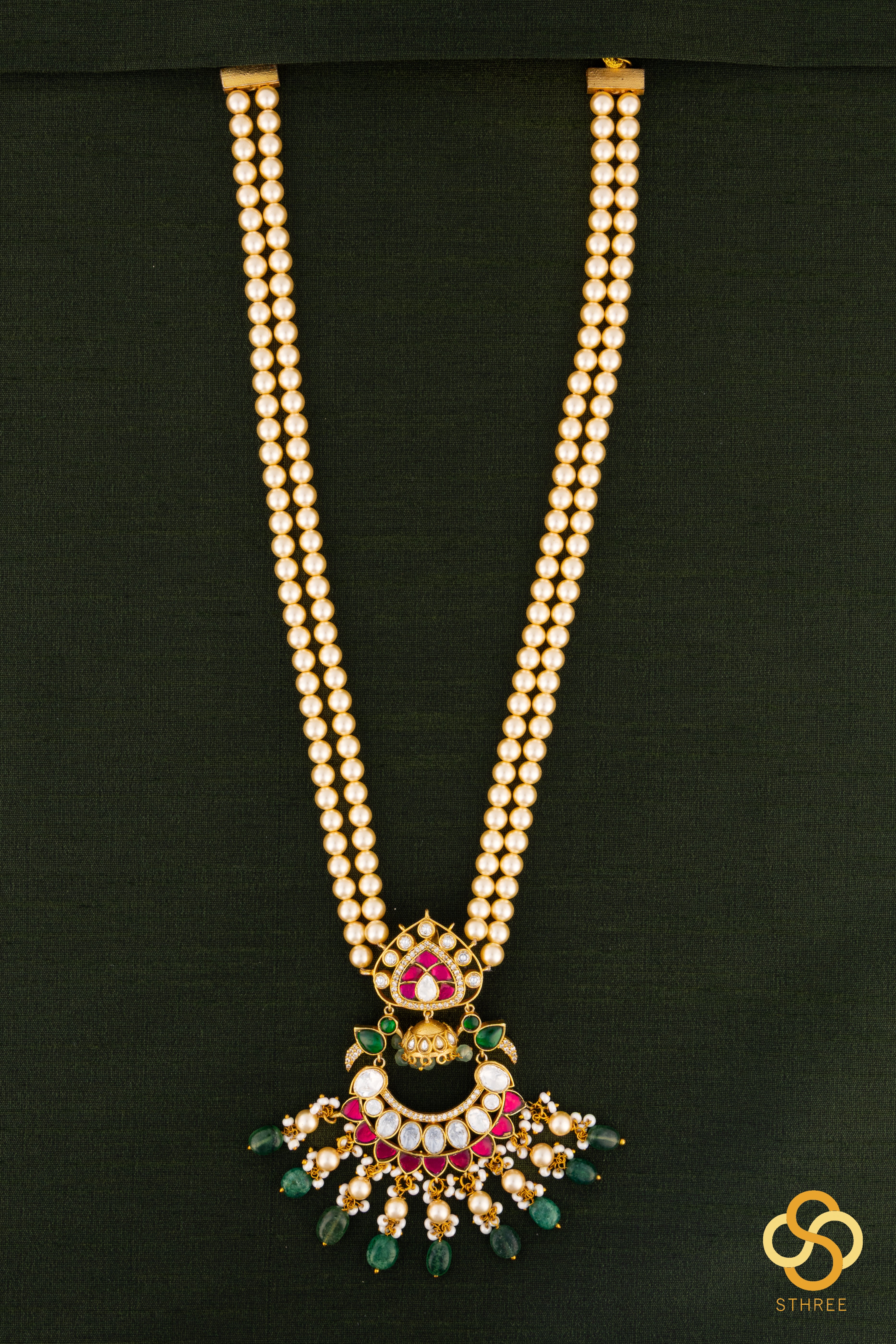 Two-liner pearls with a chandbali pendant -  Ruby red and  Emerald green