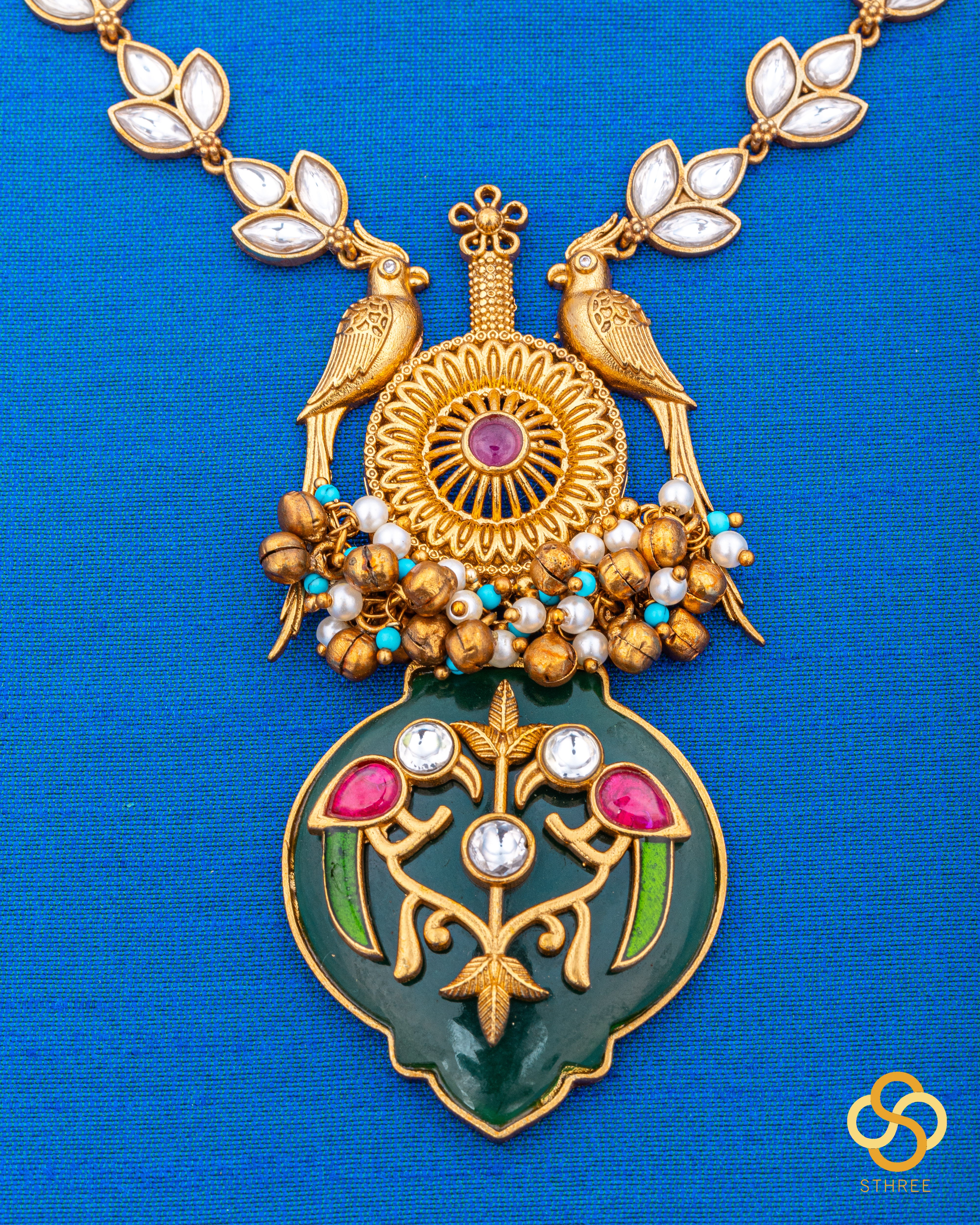 Jadau kundan necklace - Handmade parrot pendant in green onyx