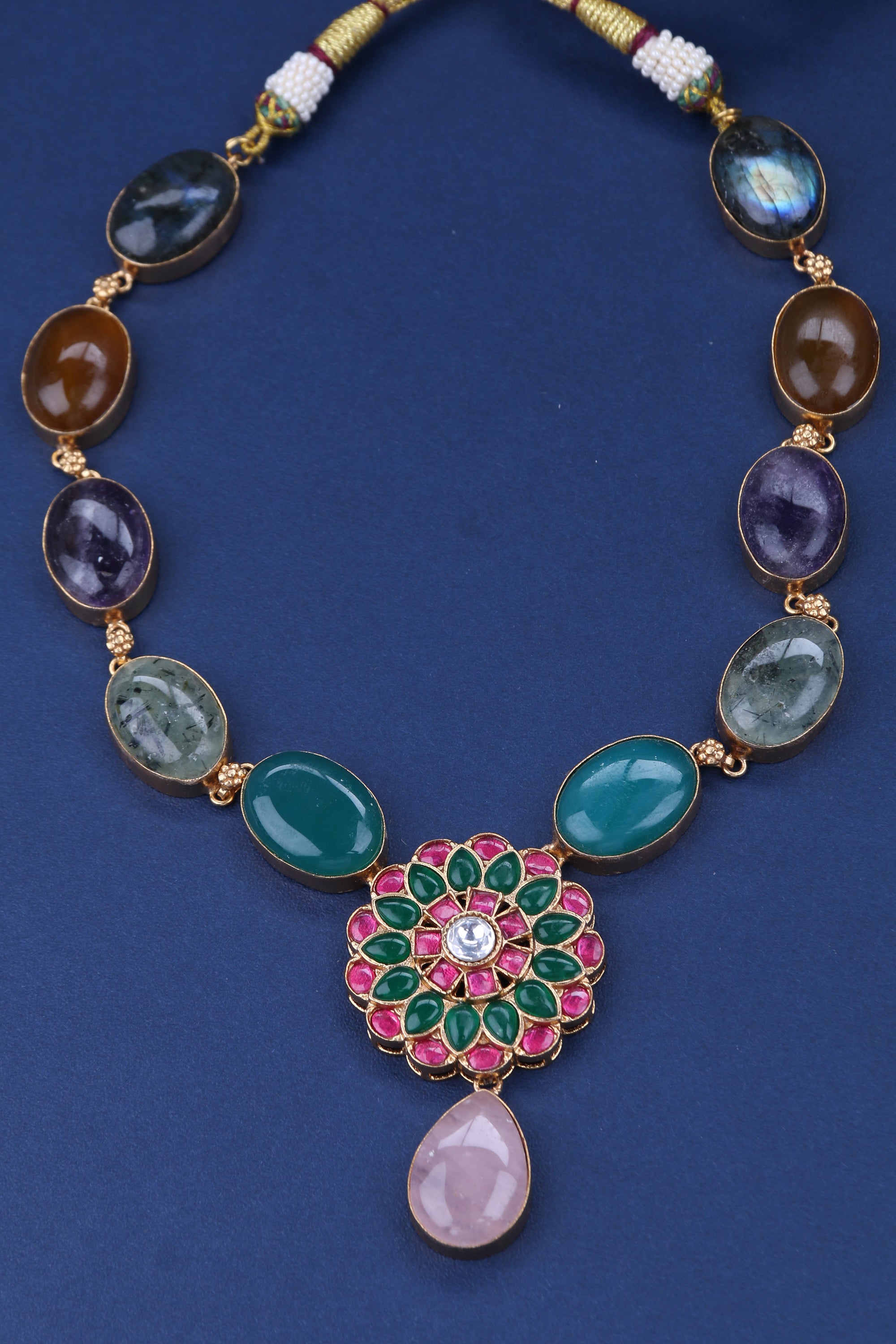 Seven Colour Multi Cabochons with Jadau Kundan Pendant