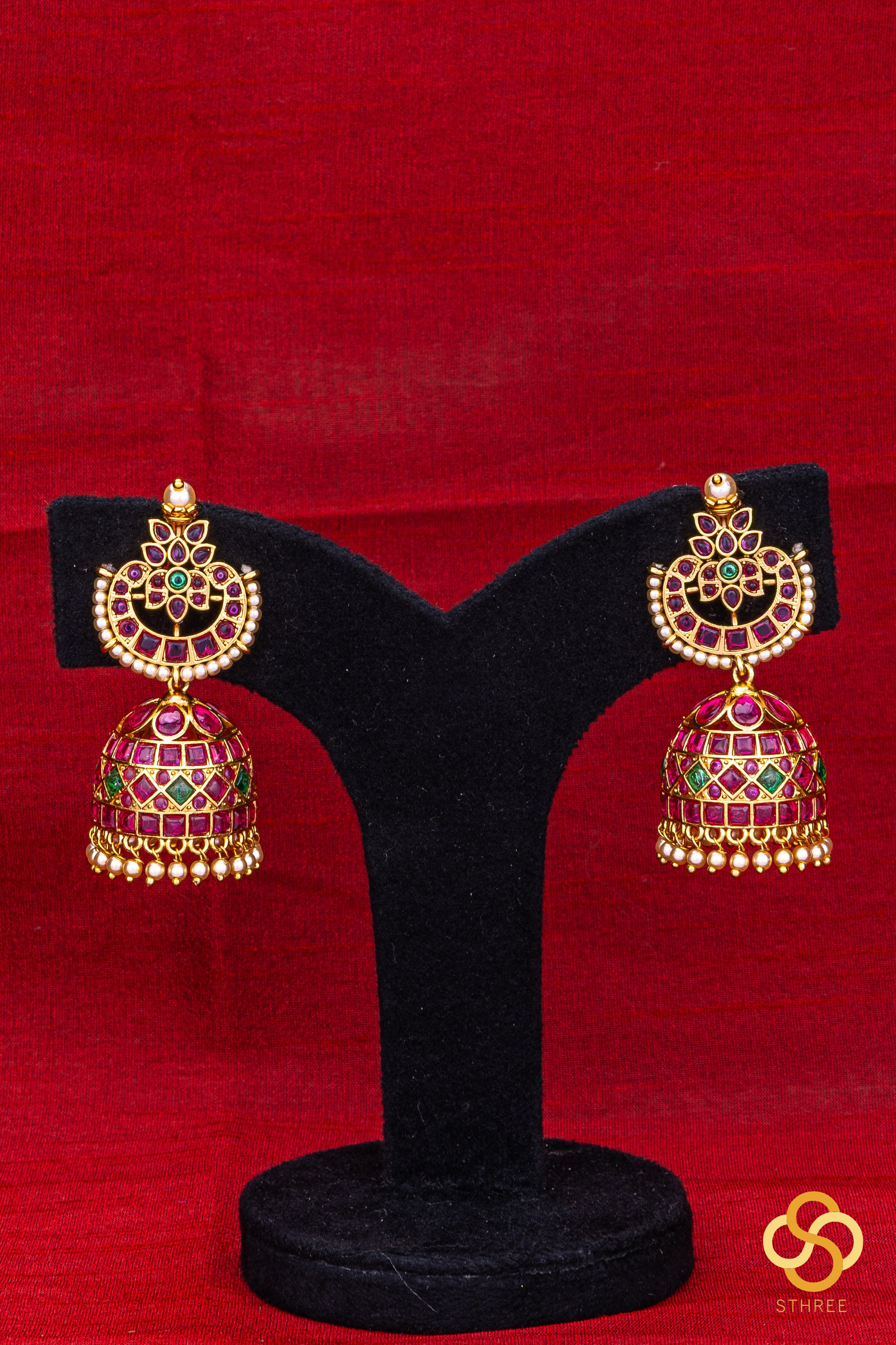 Chandbali Jhumkas  -  Ruby red with Pearl hangings