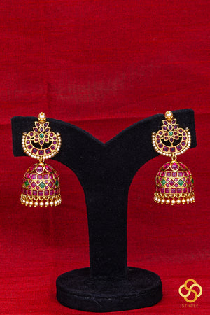 Chandbali Jhumkas  -  Ruby red with Pearl hangings